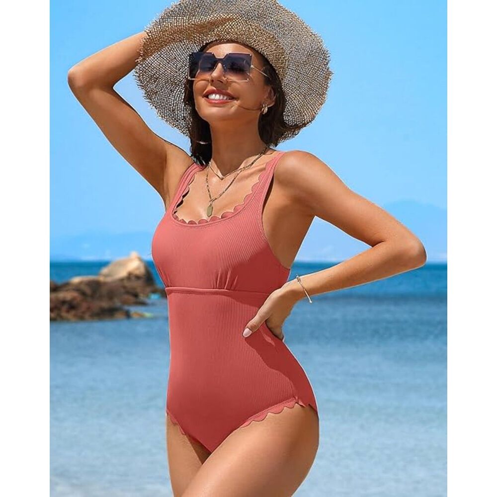Charmo Scalloped Ribbed 1pc Swimsuits Retro Square Neck Modest Summer SZ L:NWT